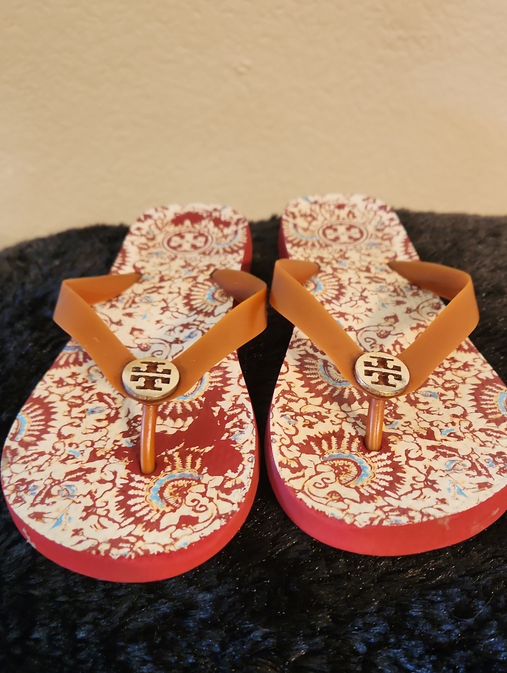 Tory Burch Orange Strap Flip Flops with Red Patterned Footbed